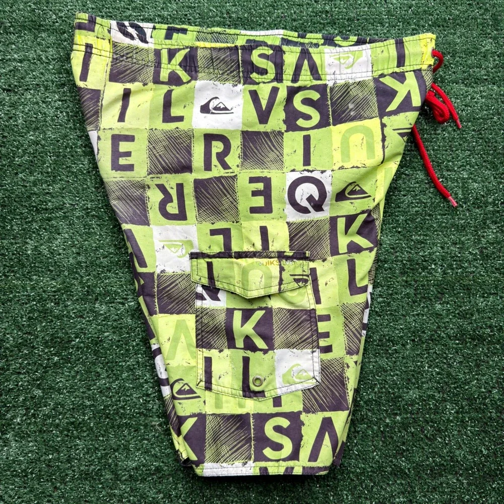 Quiksilver Mens Board Shorts Lime Green Black Checkered Letter Print Size 32